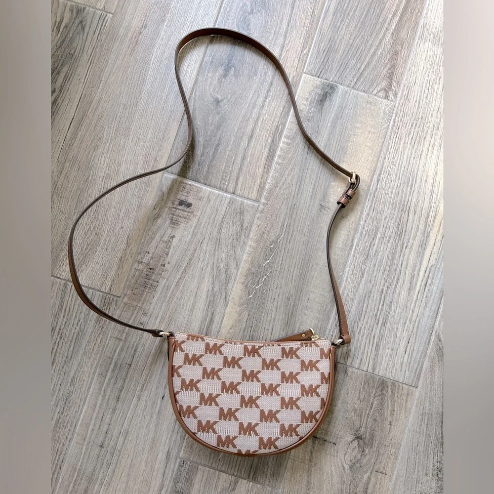 Michael Kors Dover Small Half Moon Signature Leather/Canvas Crossbody